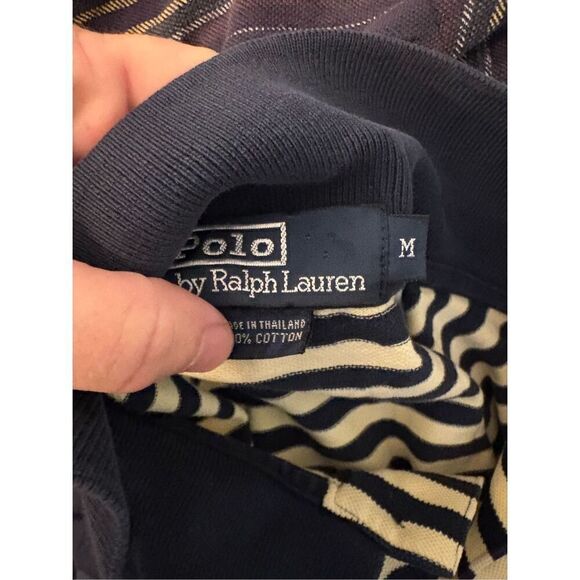 Polo by Ralph Lauren Y2K Yellow and Navy Striped Polo Shirt. Size Medium - Picture 2 of 6